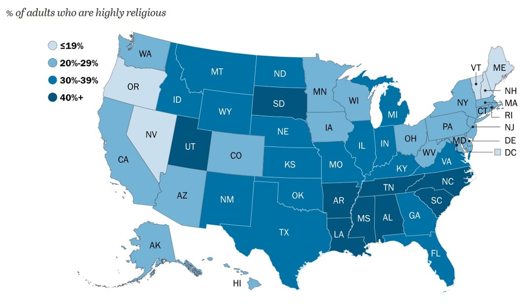 U.S. states by religiosity (2023–2024)
