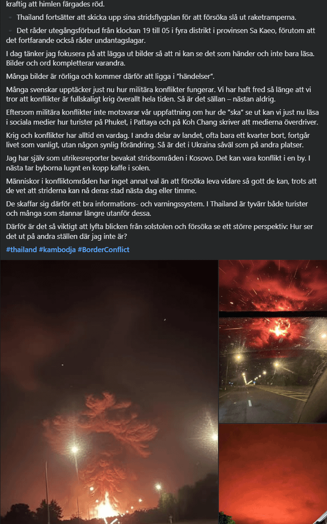 Svensk Nyhetsjournalist i thailand använder AI bilder för att rapportera händelser mellan Thailand och Kambodja.