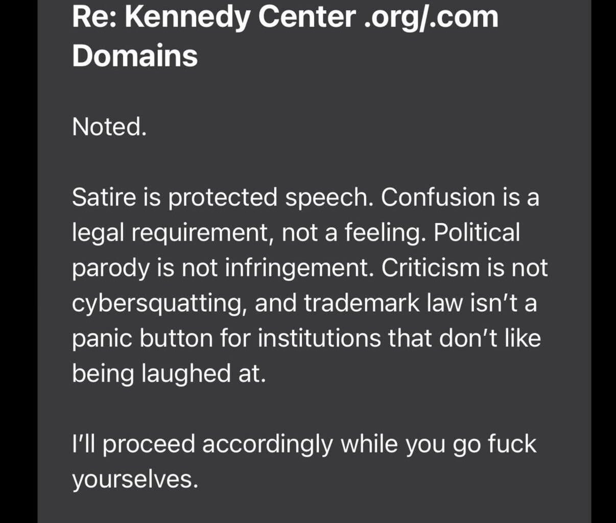 @wordclown responds to unnamed lawyers regarding his registering the Trump/Kennnedy Center domain names