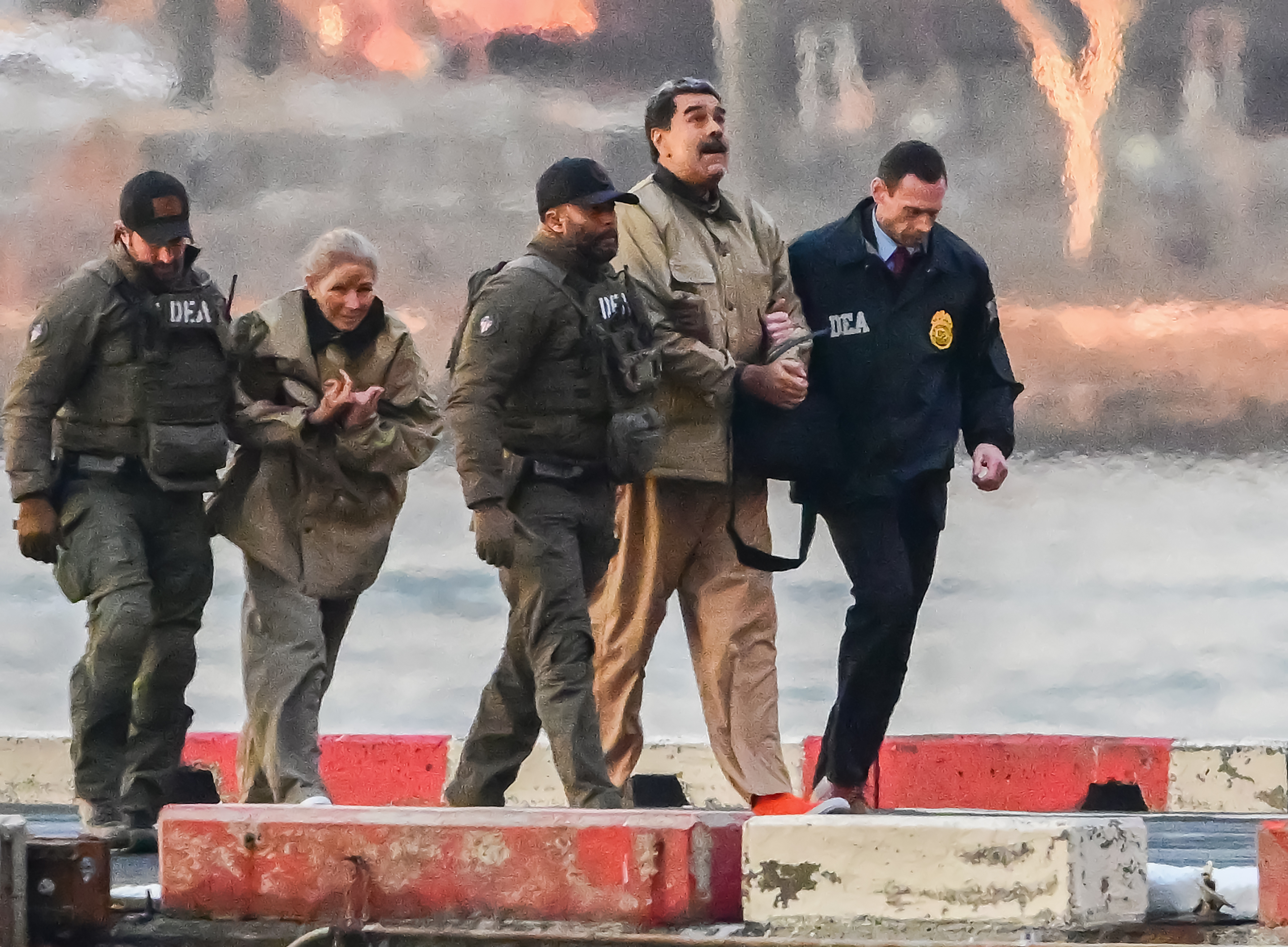 Illustration of Nicolas Maduro and his wife, Cilia Flores, being escorted by DEA agents.