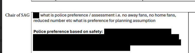 Text discussing police preference for event planning based on safety, with redacted information below.