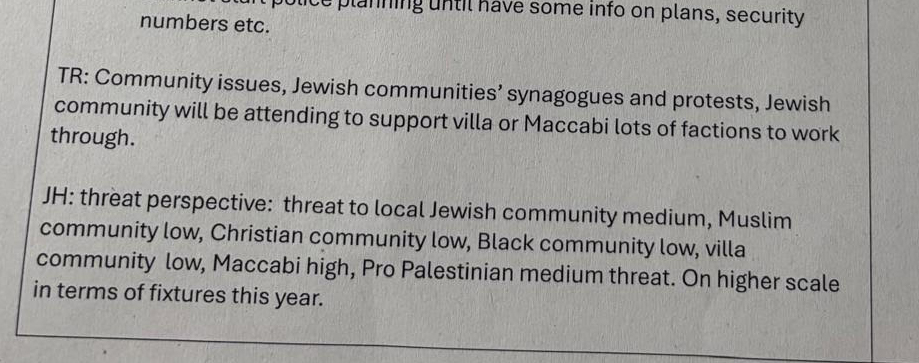 Document detailing West Midlands Police discussions about Israeli football fans of Maccabi Tel Aviv, including threat assessments for various communities.