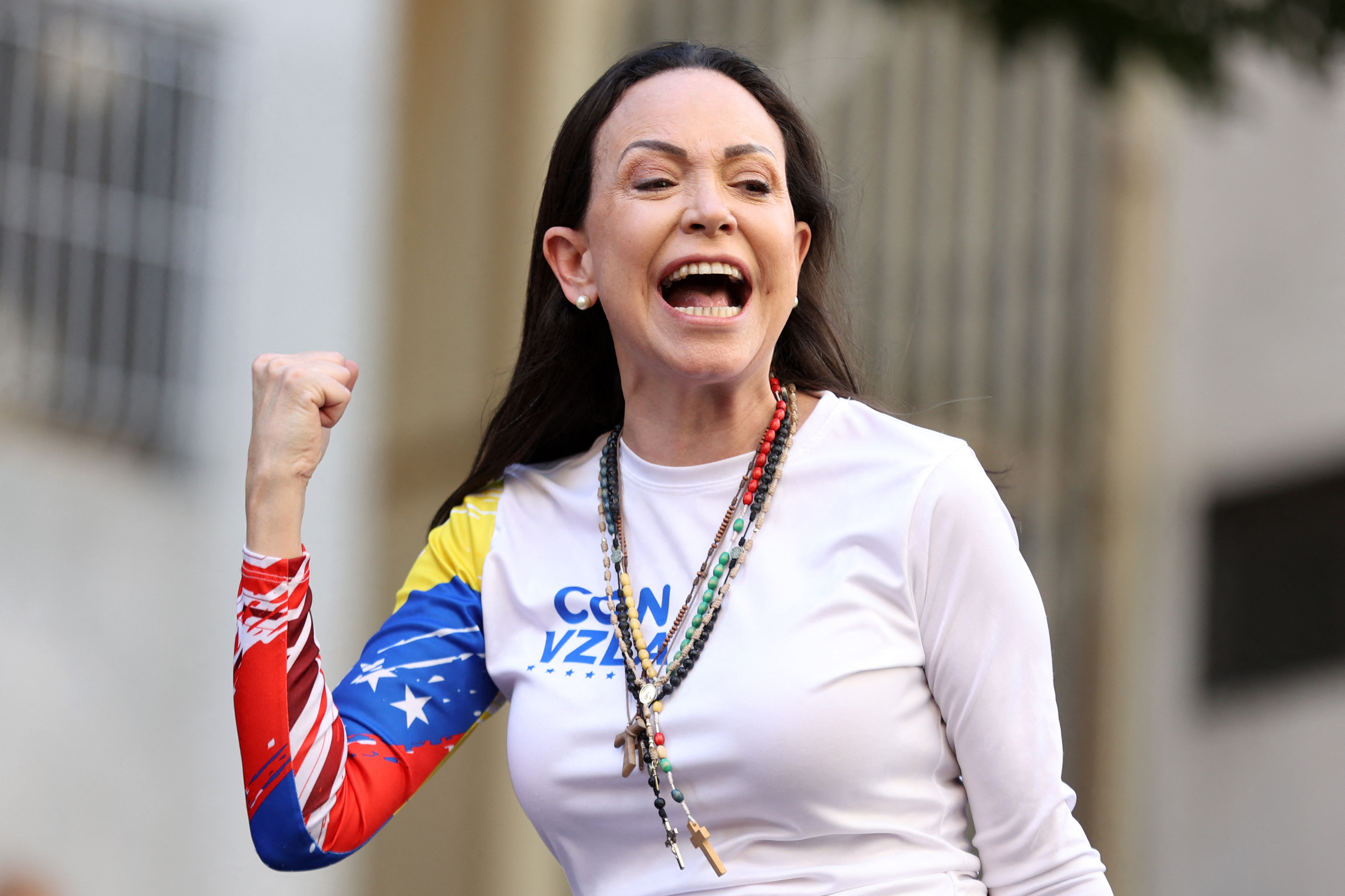 Venezuelan opposition leader Maria Corina Machado gestures during a protest.