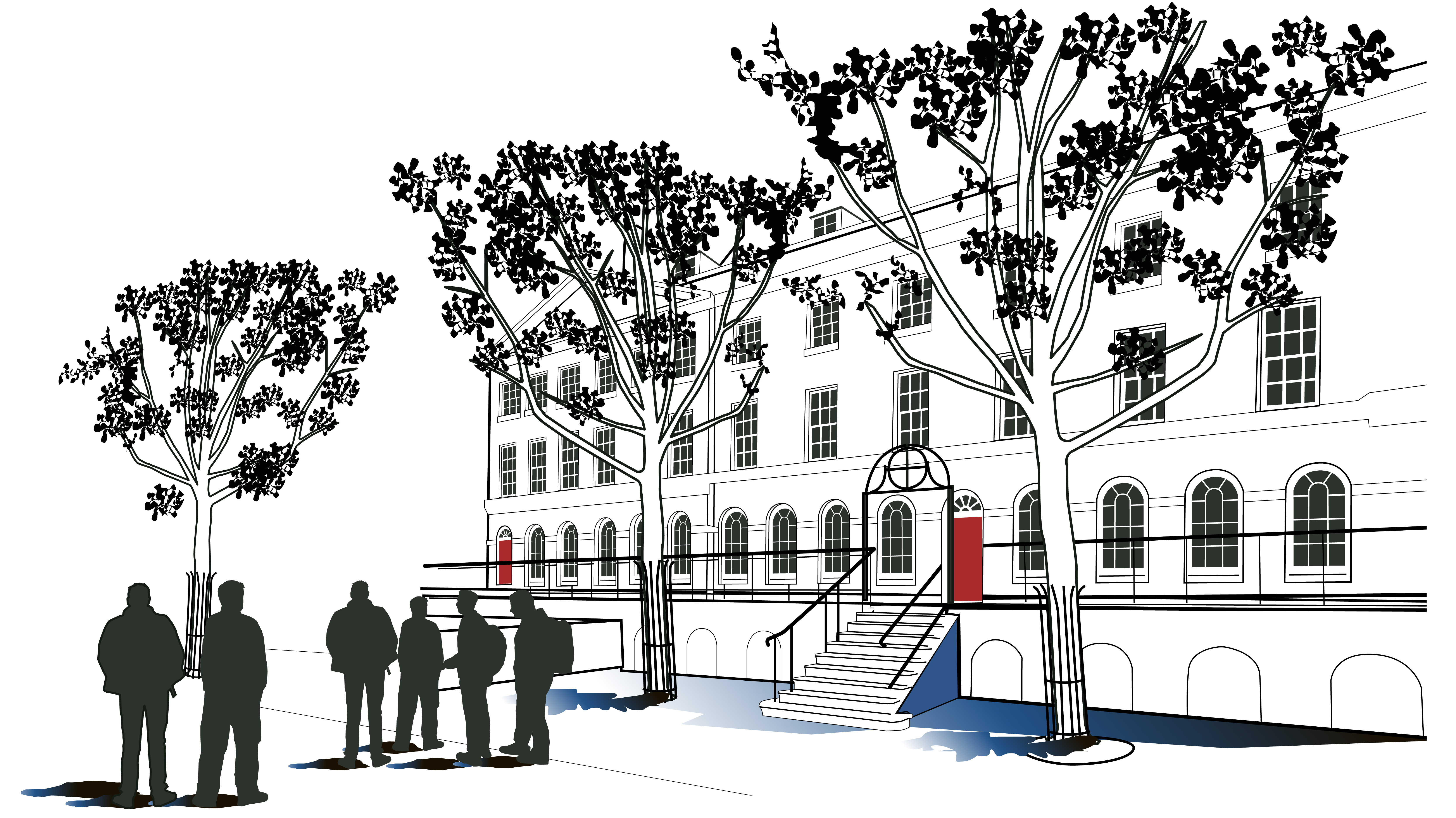 Illustration of five people standing in front of a white building with trees.
