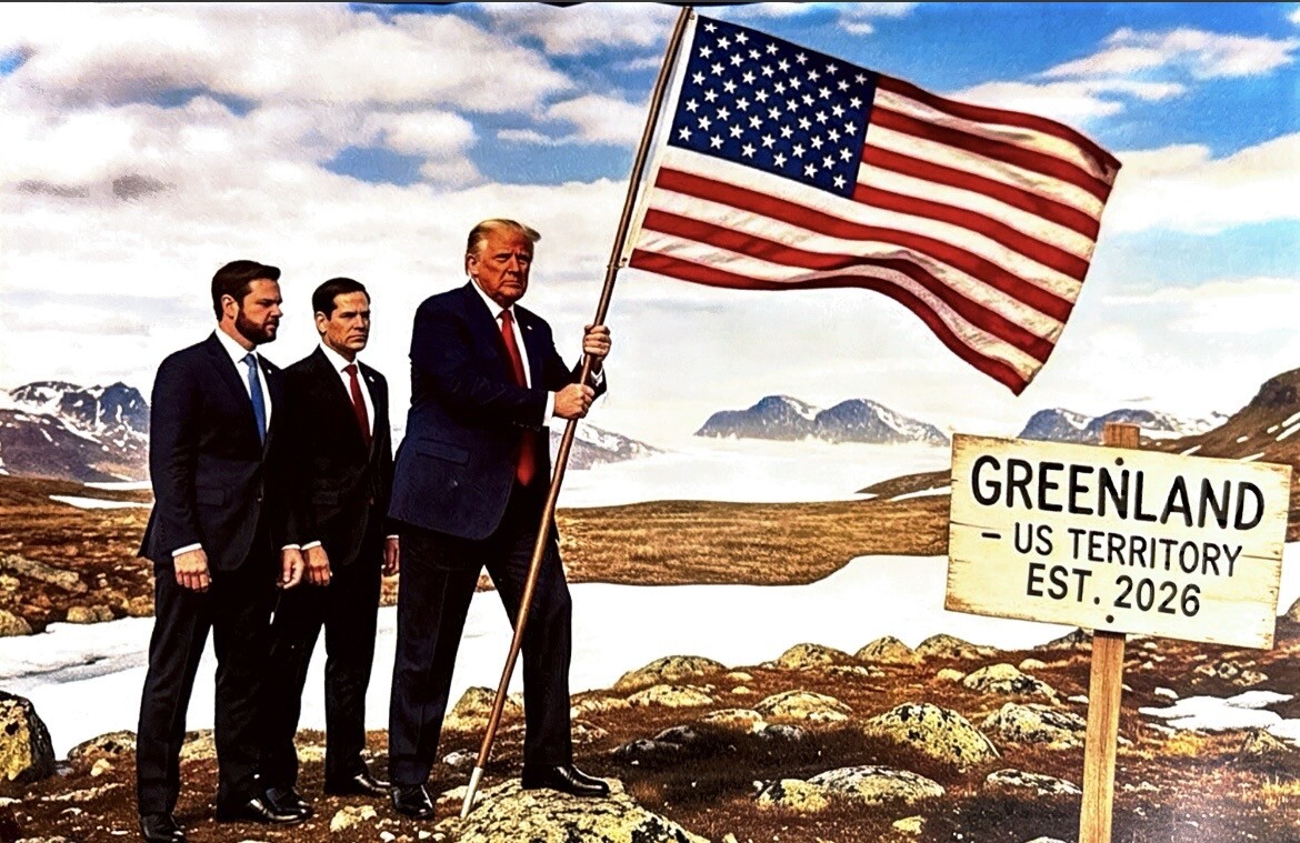 Illustration of Donald Trump holding an American flag with two other men in a snowy landscape with a sign that says "Greenland - US Territory Est. 2026."