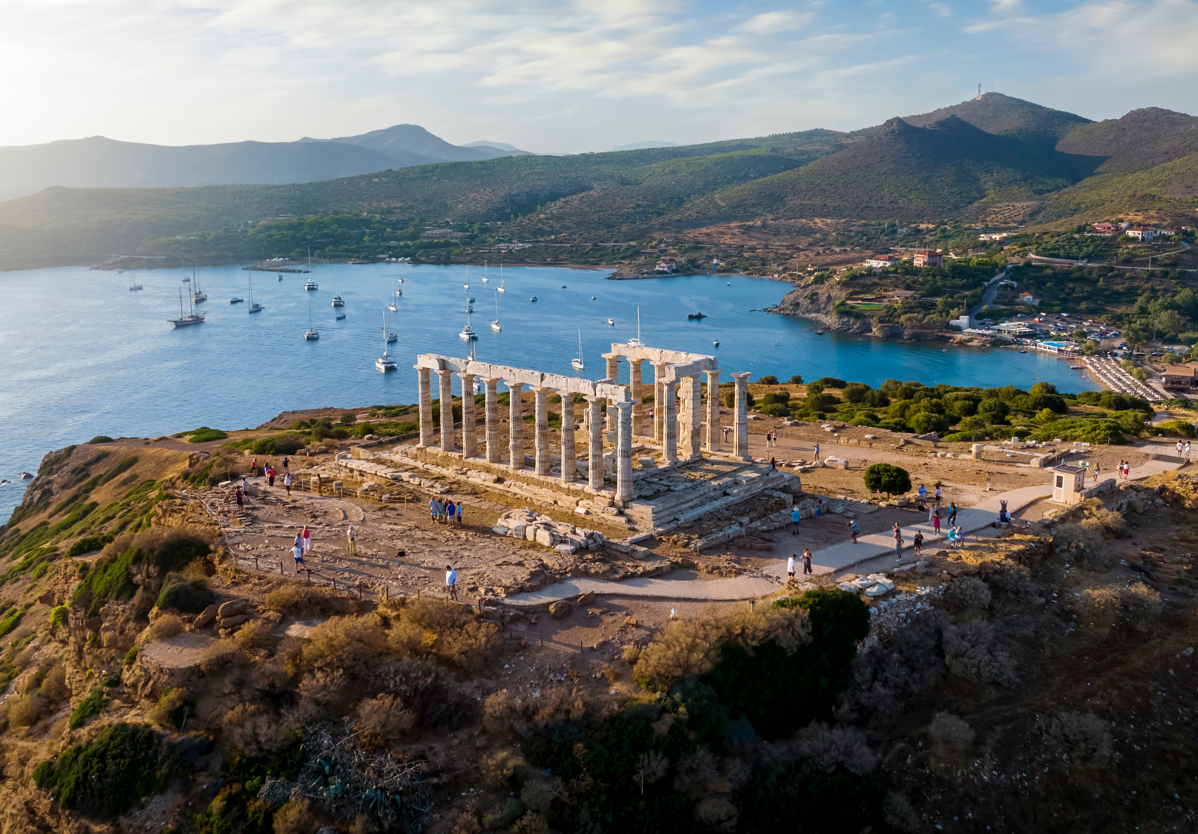 Aerial view of the beach and Temple of Poseidon at Cape Sounion