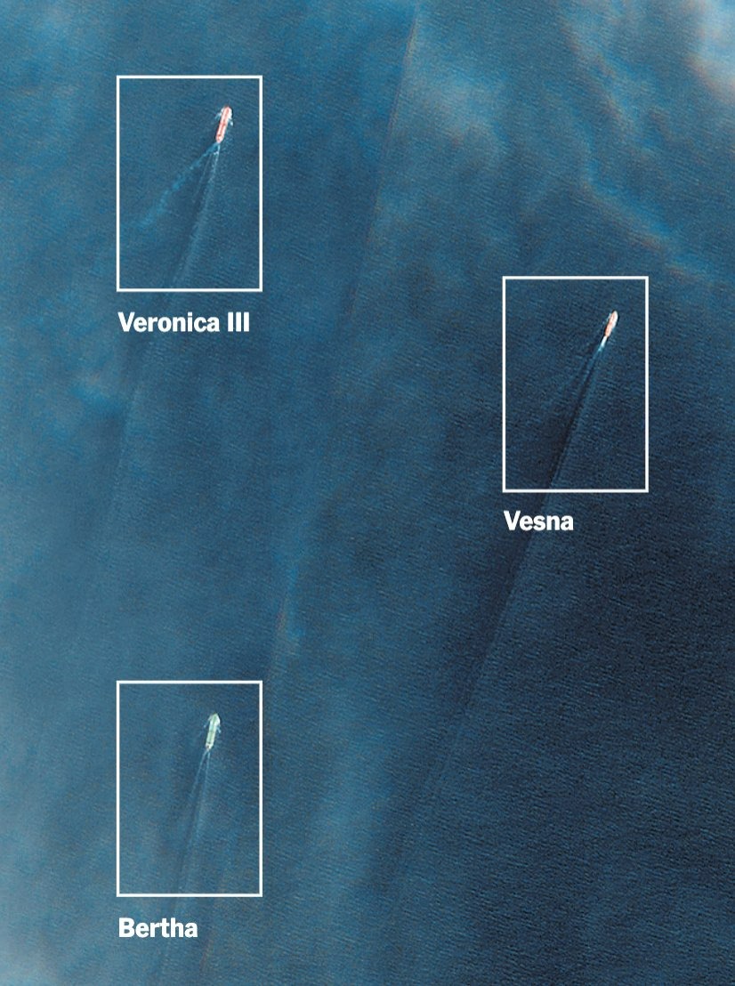 Several ships could be seen heading north from Venezuela in a satellite image from the European Copernicus programme. They appear to have left port without the interim government’s authorisation