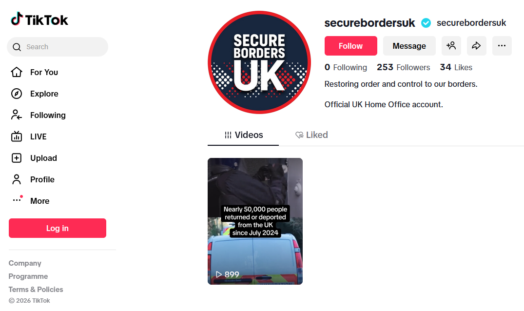 Screenshot of the TikTok account for "Secure Borders UK" with a video of people being arrested and deported.