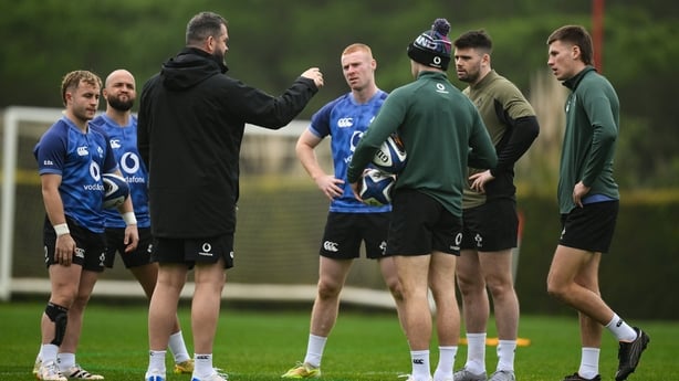 29 January 2026; Ireland head coach Andy Farrell speaks to his half-backs, from left, Craig Casey, Jamison Gibson-Park, Nathan Doak, Jack Crowley, Harry Byrne and Sam Prendergast during an Ireland Rugby squad training session at The Campus in Quinta do Lago, Portugal. Photo by Brendan Moran/Sportsfi