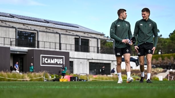 27 January 2026; Jack Crowley, left, and Sam Prendergast during an Ireland Rugby squad training session at The Campus in Quinta do Lago, Portugal. Photo by Brendan Moran/Sportsfile