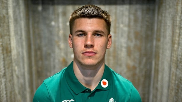 29 January 2026; Sam Prendergast poses for a portrait after an Ireland Rugby media conference at The Campus in Quinta do Lago, Portugal. Photo by Brendan Moran/Sportsfile