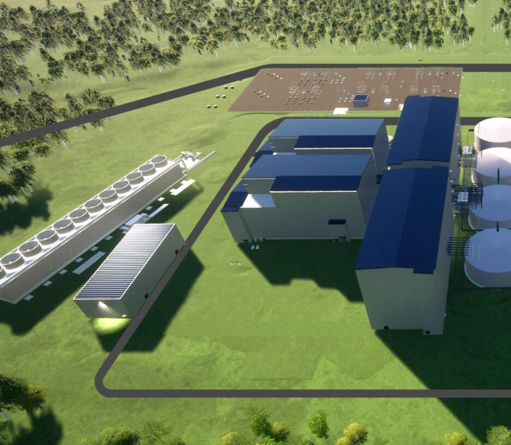 Conceptual rendering of a Natrium power plant, featuring the reactor building and molten salt thermal storage tanks. Courtesy: TerraPower