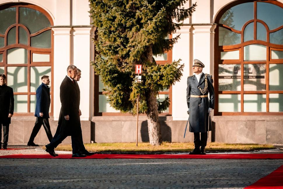 Czech Prime Minister Andrej Babiš and Slovak Prime Minister Robert Fico outside the Government Office in Bratislava on 8 January 2026.