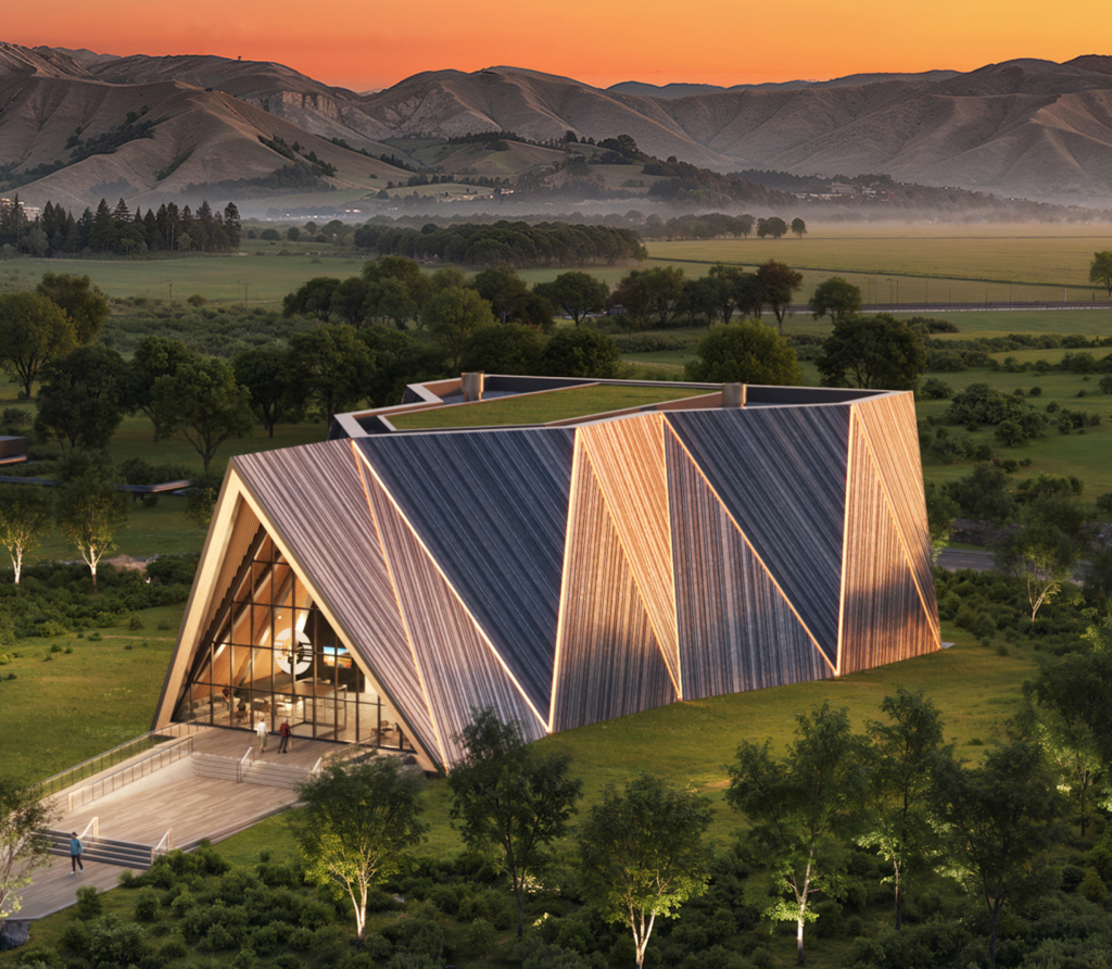 Aerial conceptual rendering of an Oklo Aurora powerhouse facility, showing the compact modular design of the liquid-metal-cooled fast reactor. Courtesy: Oklo Inc.