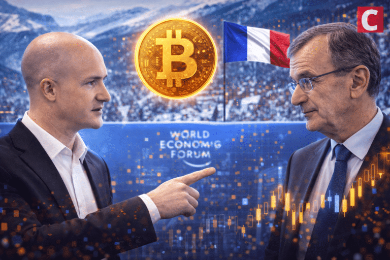 Coinbase CEO Corrects France’s Central Bank Governor on Bitcoin Issuance at Davos