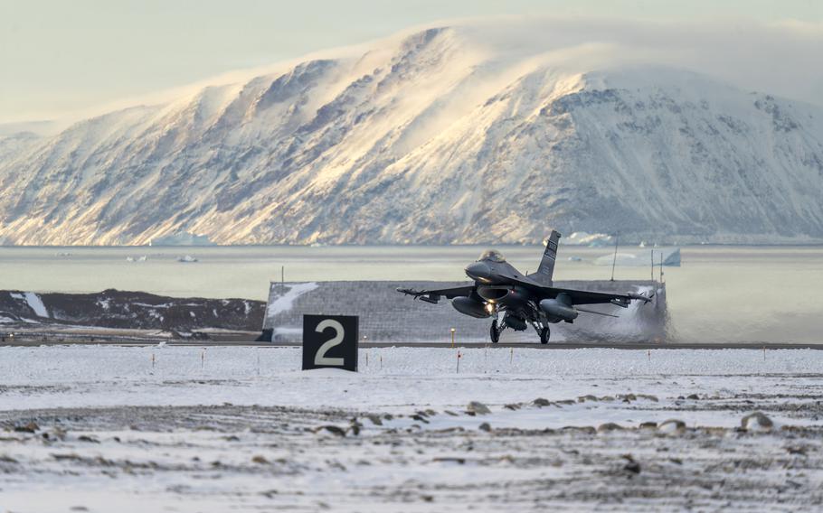 F-16 Fighting Falcon lands at Pituffik Space Force Base in Greenland.