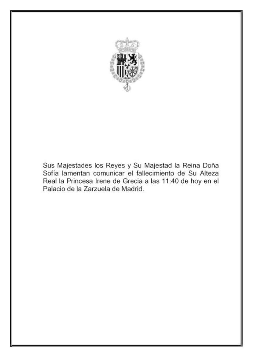 Statement from the Royal Household announcing the death of Irene of Greece.