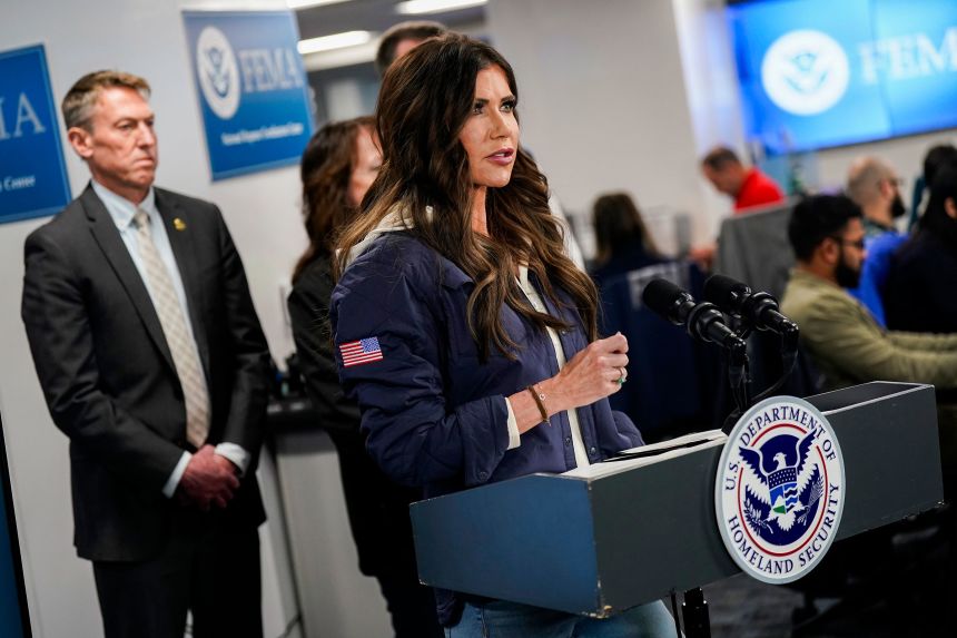 Secretary of Homeland Security Kristi Noem speaks during a news conference at the Federal Emergency Management Agency headquarters in Washington, DC, on January 24, 2026.