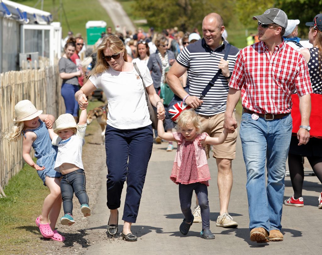 Savannah Phillips, Mia Tindall, Autumn Phillips, Isla Phillips, Mike Tindall and Peter Phillips attend the Badminton Horse Trials on May 8, 2016 in Badminton, England. 
