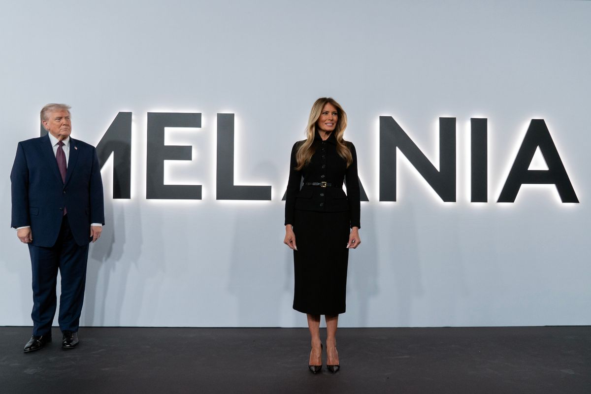 President Donald Trump and first lady Melania Trump arrive for the premiere of her movie "Melania" at The John F. Kennedy Memorial Center For The Performing Arts, Thursday, Jan. 29, 2026, in Washington. (AP Photo/Jose Luis Magana)