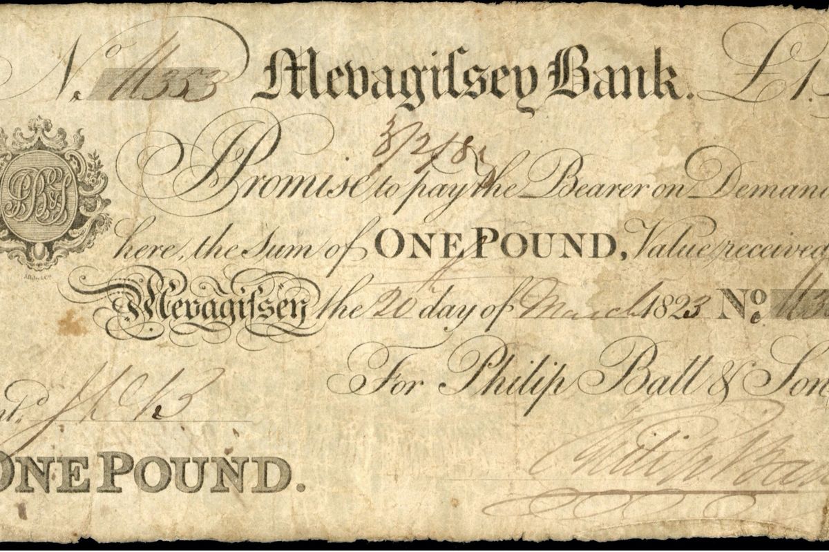 This rare 1823 £1 bank note from the Mevagissey Bank will be auctioned off by Stanley Gibbons Baldwin at its January 23, 2026 British & World Banknotes Auction