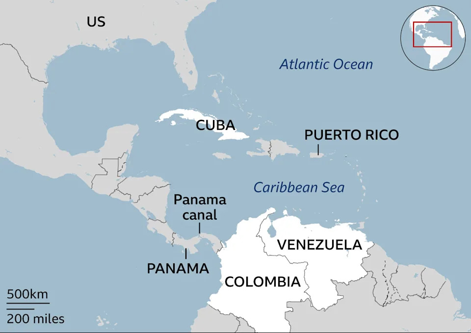 A map showing the Panama canal, as well as Colombia, Venezuela and Cuba