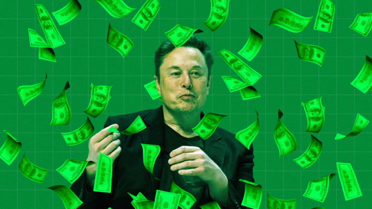 Photo illustration of Elon Musk surrounded by floating one hundred dollar bills