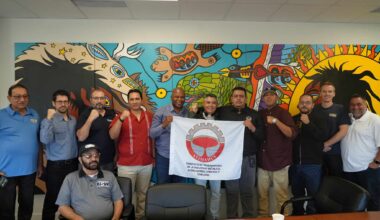Steelworkers Humanity Fund Executive Director Guillaume Charbonneau (l) and Marco Chavez (r), a member of the Los Mineros national executive. The Mexican delegation, on tour in Ontario and Quebec to discuss tariff impacts on workers.