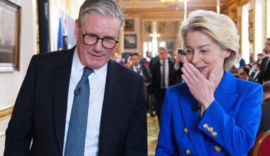 Prime Minister Sir Keir Starmer (left) speaks to European Commission President Ursula von der Leyen (rigtht) during the UK-EU Summit at Lancaster House in London on May 19, 2025