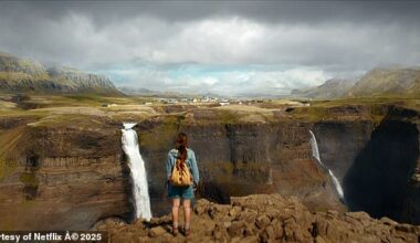 Eleven, played by Millie Bobby Brown, looking over Haifoss waterfall in Stranger Things, season five