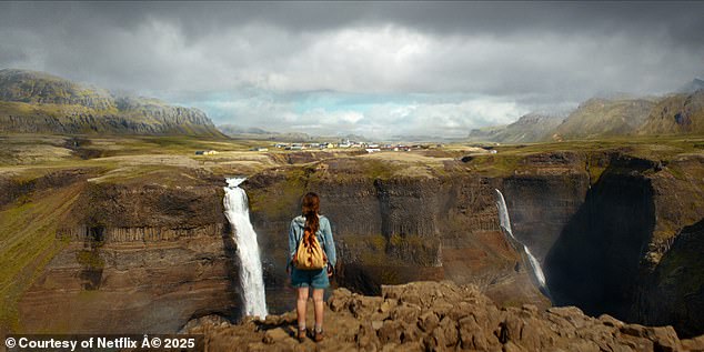 Eleven, played by Millie Bobby Brown, looking over Haifoss waterfall in Stranger Things, season five