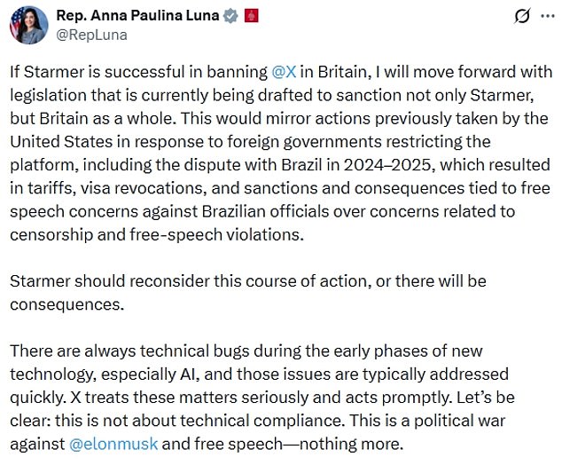 Anna Paulina Luna, a Republican member of the US House of Representatives, warned Sir Keir against any effort to ban X, formerly known as Twitter, in Britain