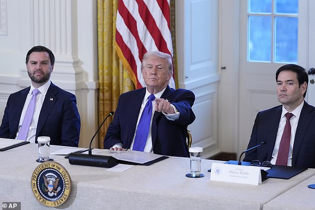Vance has been vocal in his defense of federal law enforcement in the wake of the shooting, whereas President Trump (pictured center) has largely stayed out of the fray following an initial Truth Social post and commenting in a New York Times interview