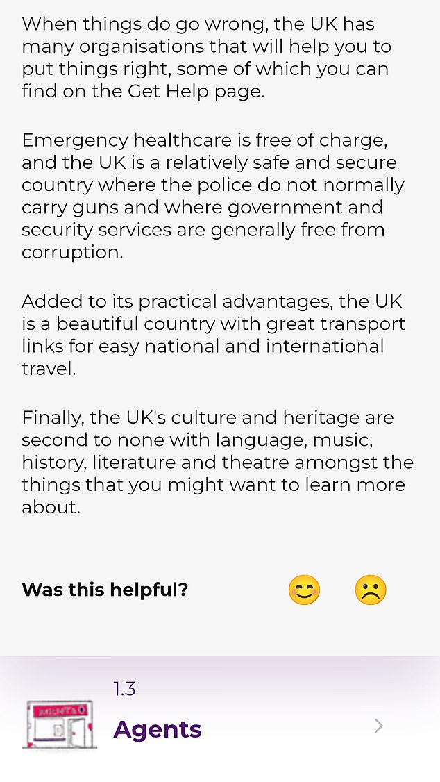 The app also tells its users the UK is a ¿beautiful country with great transport links for easy national and international travel¿