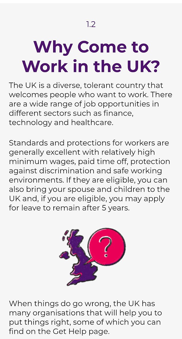 The app reassures prospective migrants that the Government ¿welcomes people who want to work¿ with a ¿relatively high minimum wage [and] paid time off¿