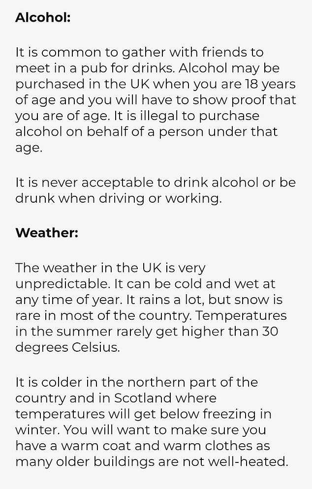 The app warns its users that the British weather is 'very unpredictable' and can be 'cold and wet at any time of the year'