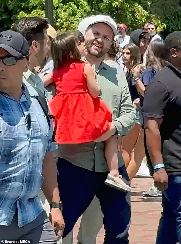 JD Vance was seen carrying his kids, and about 50 Secret Service agents on a fun day out at Disneyland. JD was seen being a doting dad carrying both of his kids while walking from one ride to another, constantly surrounded by security