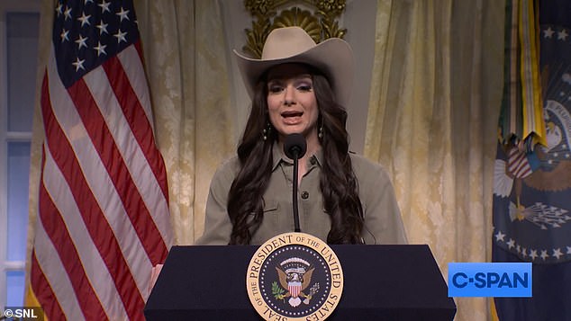 Homeland Security Secretary played by Ashley Padilla, constant wearing of hats was mocked as well