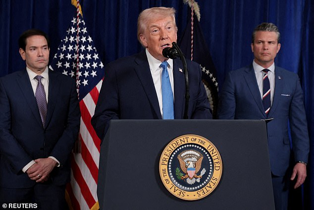 President Trump is seen flanked by Marco Rubio and Pete Hegseth following the capture of Venezuelan President Nicolas Maduro