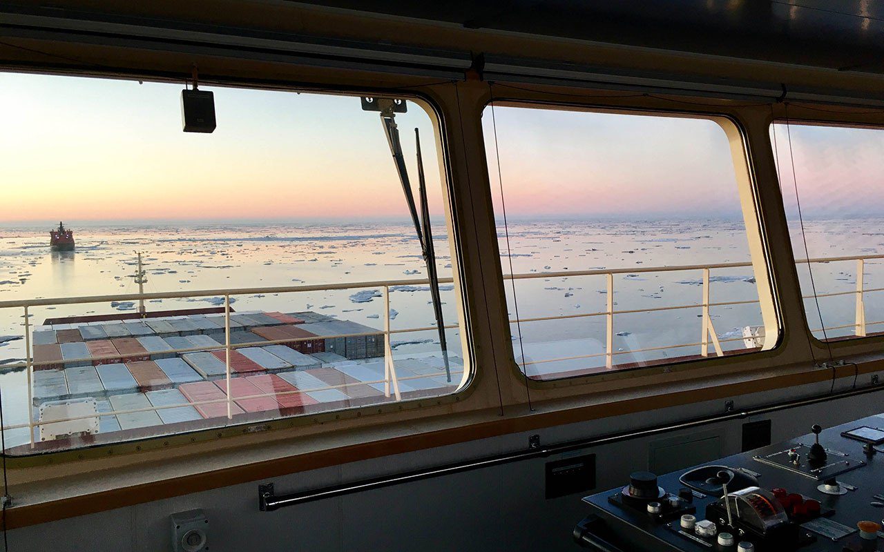 The Maersk containership Venta Maersk transits the Northern Sea Route on a one-off trial run of the Arctic route