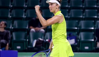Belgium's Elise Mertens reacts to winning the first set against Spain's Cristina Busca during their women's singles match at the Japan Open tennis tournament in Osaka on October 14, 2025.  PAUL MILLER / AFP