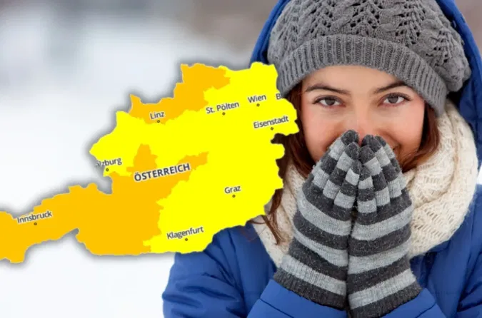 Foto in Beitrag von 5min.at zeigt die Kältewarnung in Österreich in den kommenden Tagen und im Hintergrund eine Frau, die augenscheinlich friert.