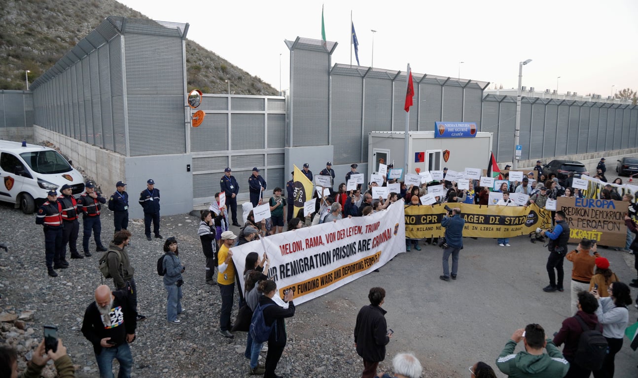 Activists protest outside the Italian-run migrant detention centre in Gjadër, Albania, 1 November 2025. Photo: EPA / Malton Dibra