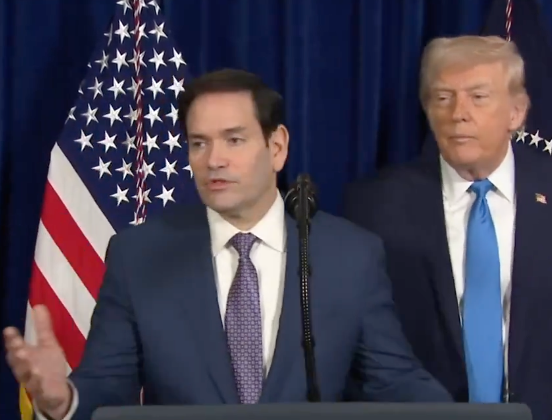 Secretary of State Marco Rubio answers questions during the Saturday press conference-image from White House video