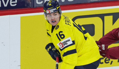 Sweden forward Anton Frondell (16) skates with the puck