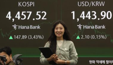 An electronic trading board at Hana Bank headquarters in central Seoul shows the benchmark KOSPI rising above 4,400 points to close at 4,457.52 points, Monday. Meanwhile, the won held at 1,440  per dollar for a second consecutive session, finishing at 1,443.8 per dollar during the daytime session. Yonhap