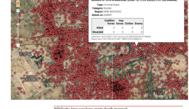 Map of Iraq with red dots indicating casualties above the headline: Wikileaks Iraq war logs: every death mapped