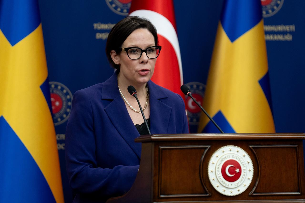 Foreign Minister Hakan Fidan (not seen) holds a joint press conference with Swedish Foreign Minister Maria Malmer Stenergard and Swedish Justice Minister Gunnar Strommer (not seen) after the Türkiye-Sweden Security Compact Meeting in Ankara, Türkiye, Jan. 21, 2025. (AA Photo)