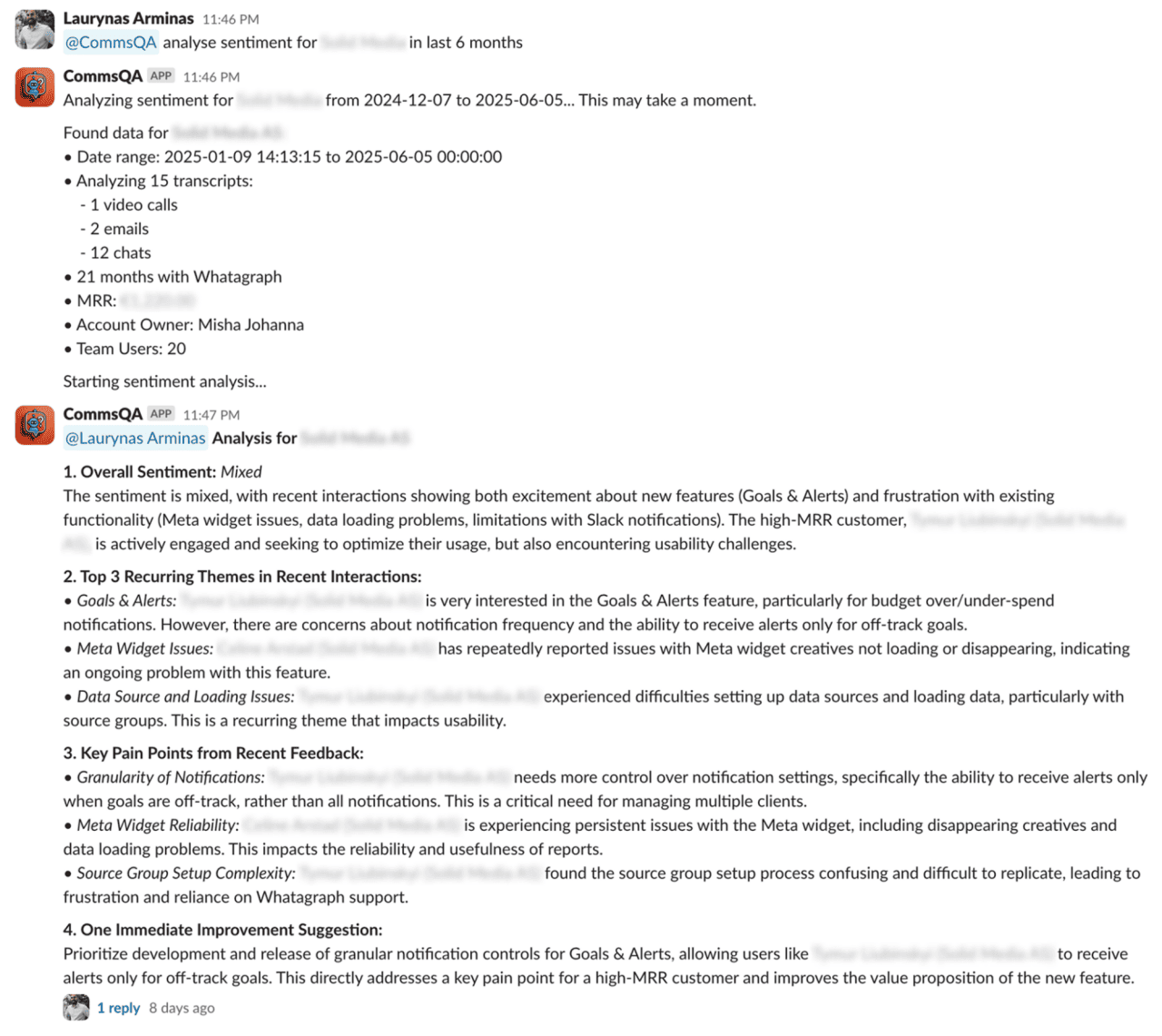 A sample conversation with CommsQA asking for specific client insights.
