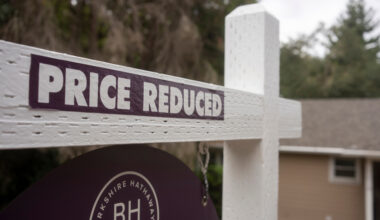 Real estate sign with price reduced label